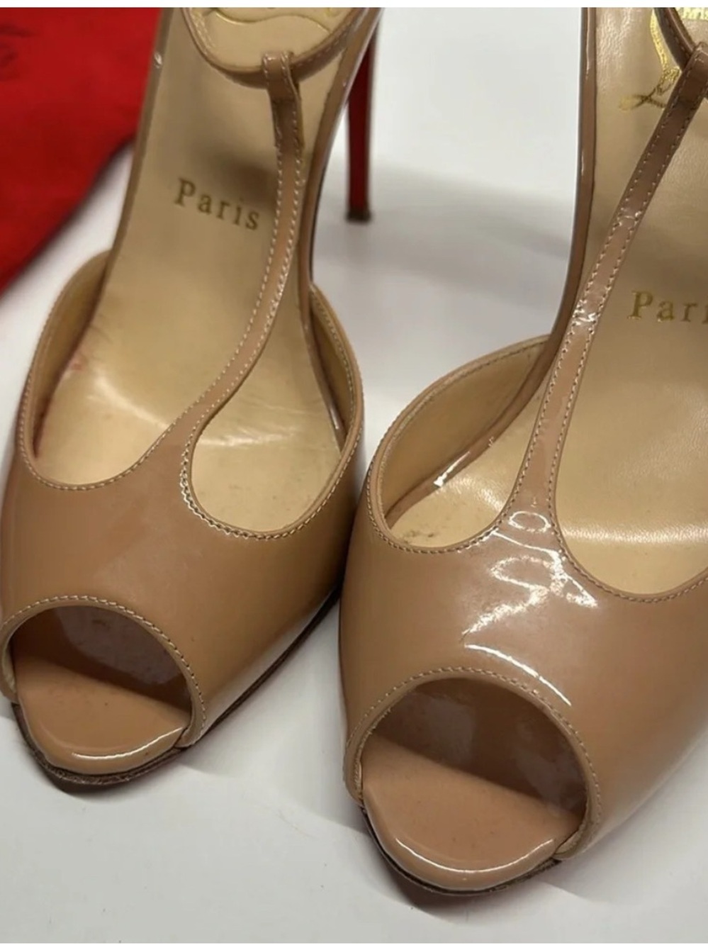 Christian Louboutin Nude Peep-Toe T-Strap Stiletto Heels. Size 8. - Picture 4 of 9